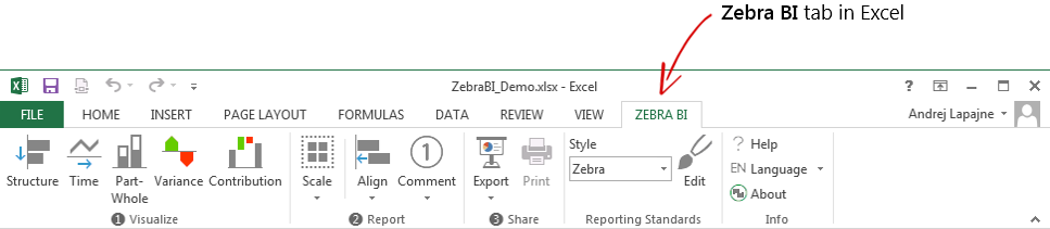 Zebra BI ribbon in Excel